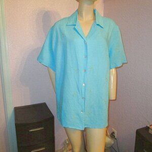 Vtg Embroidered Button Up Shirt 1X Short Sleeves Linen Blend Oversized Tunic Y2K